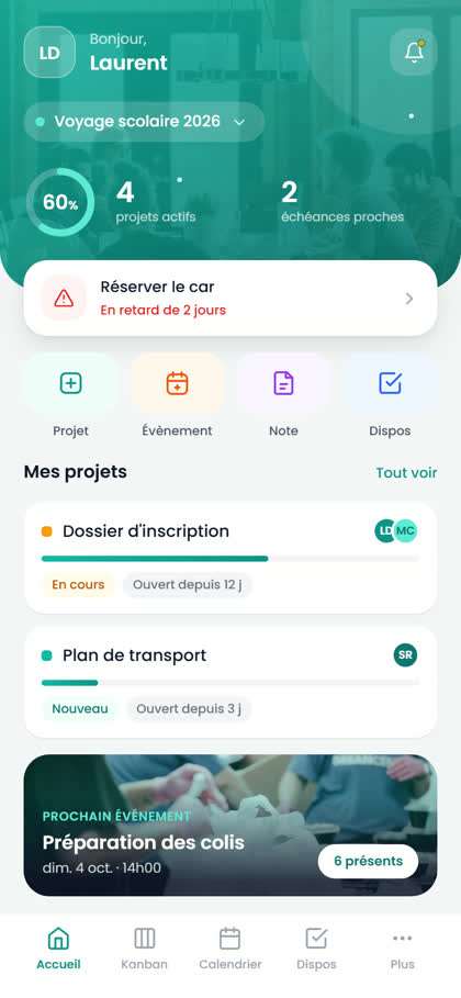 L'écran d'accueil de CoPlaneo sur un téléphone