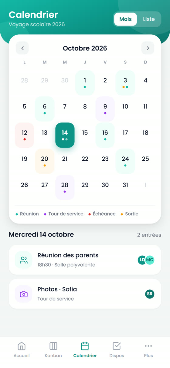 Le calendrier de CoPlaneo