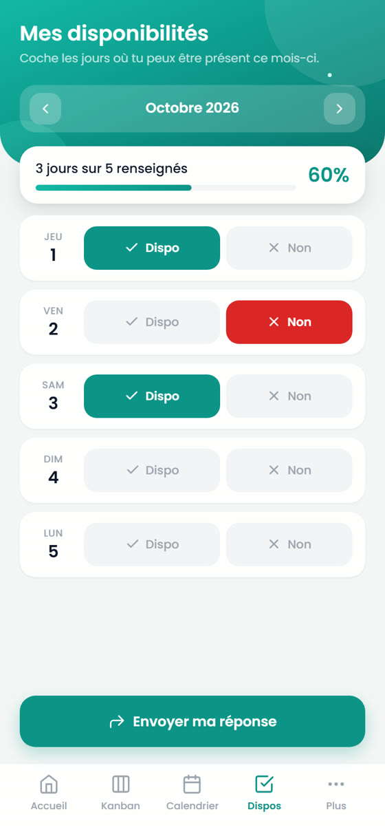 Les disponibilités dans CoPlaneo