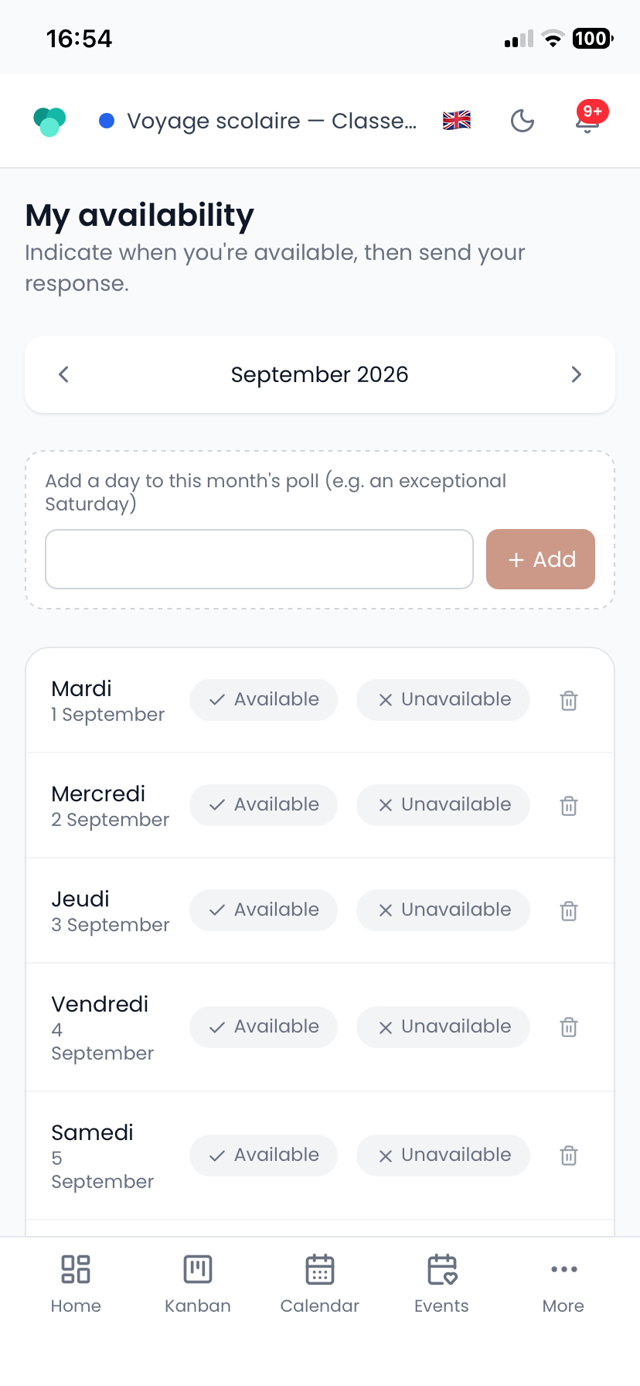 Les disponibilités dans CoPlaneo