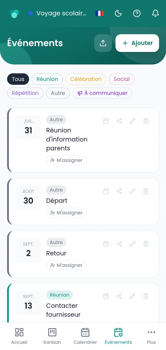 Les évènements dans CoPlaneo