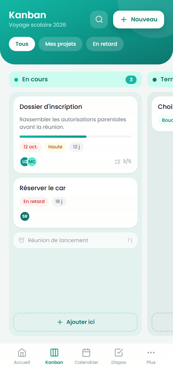 Le tableau Kanban de CoPlaneo